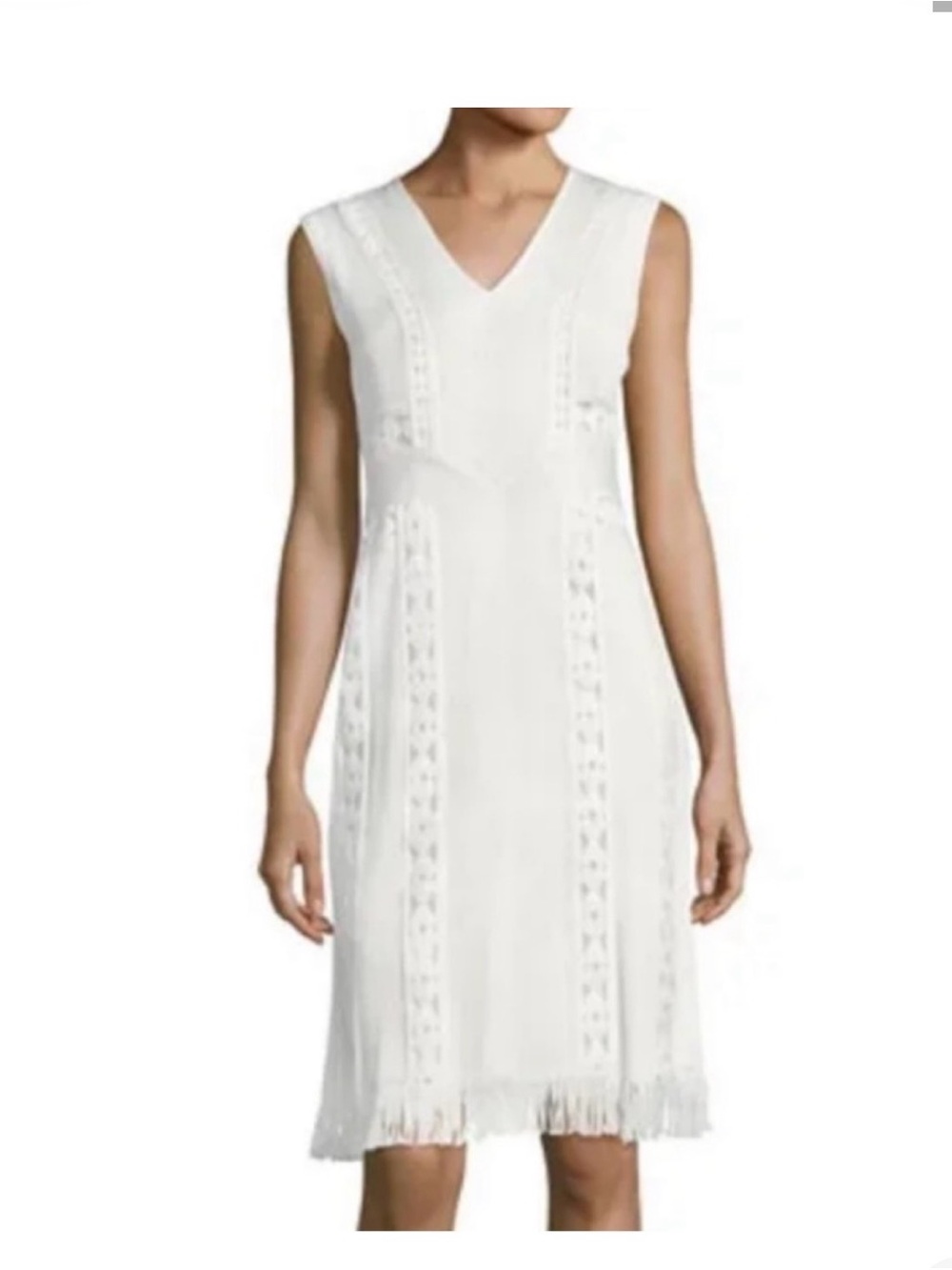 Kobi Halperin White Sleeveless V-Neck Fringe-Hem Dress